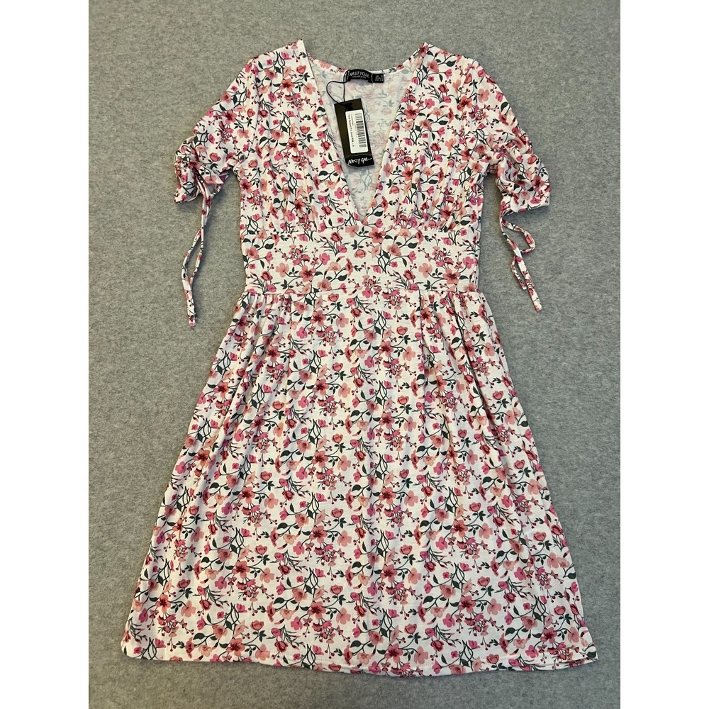 Nasty Gal Floral Mini Dress Size 2 Pink V-Neck Fairy Boho Summer Chic Dress‎ NWT